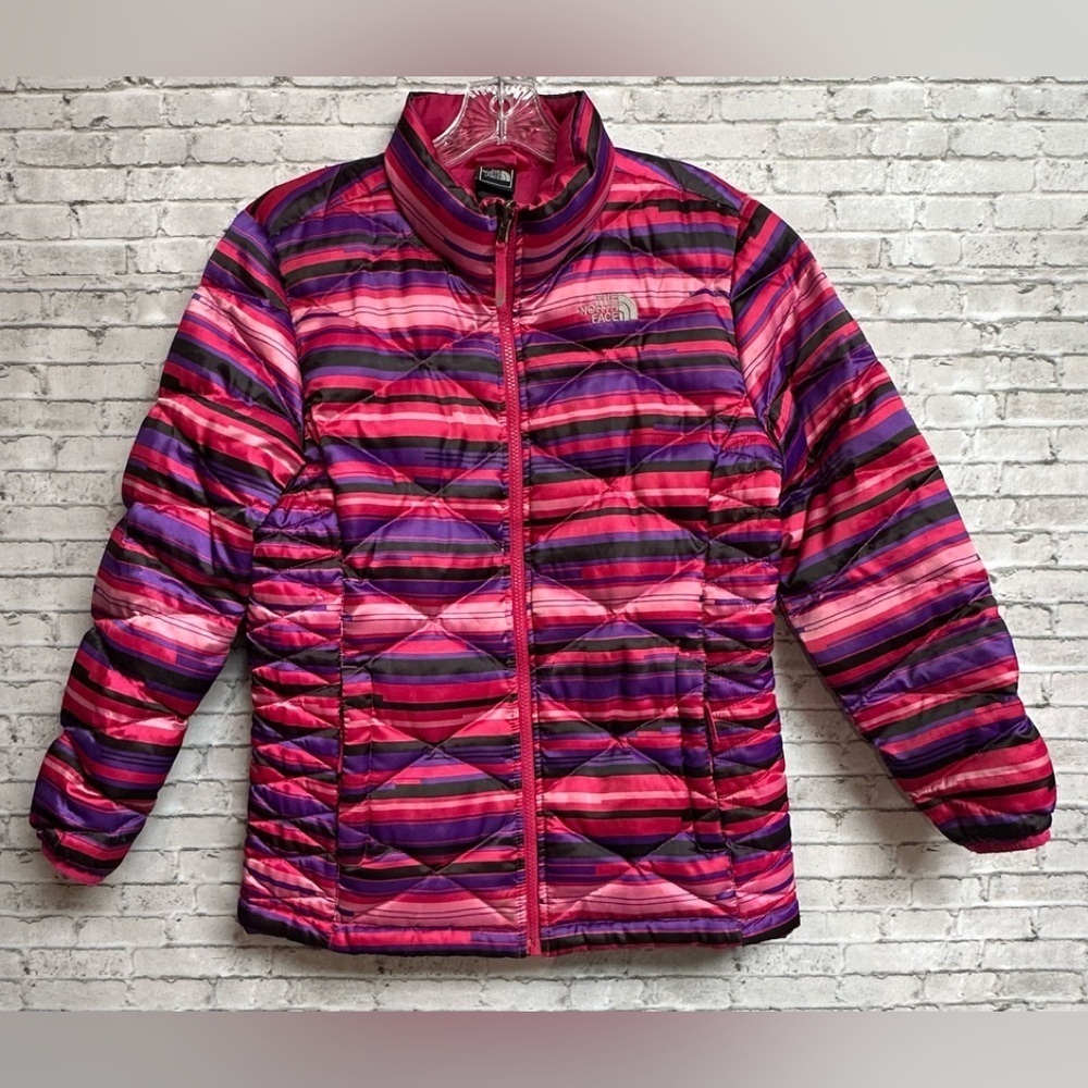 The North Face 550 Down Puffer Coat Girls XL (18) Multi Striped Pockets Full Zip